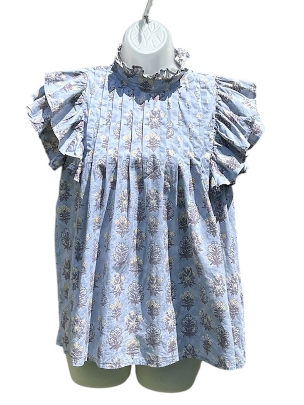 VICTORIA DUNN Women S Jasmine Blue Floral Cotton Cottage Ruffle Pleat Top Blouse